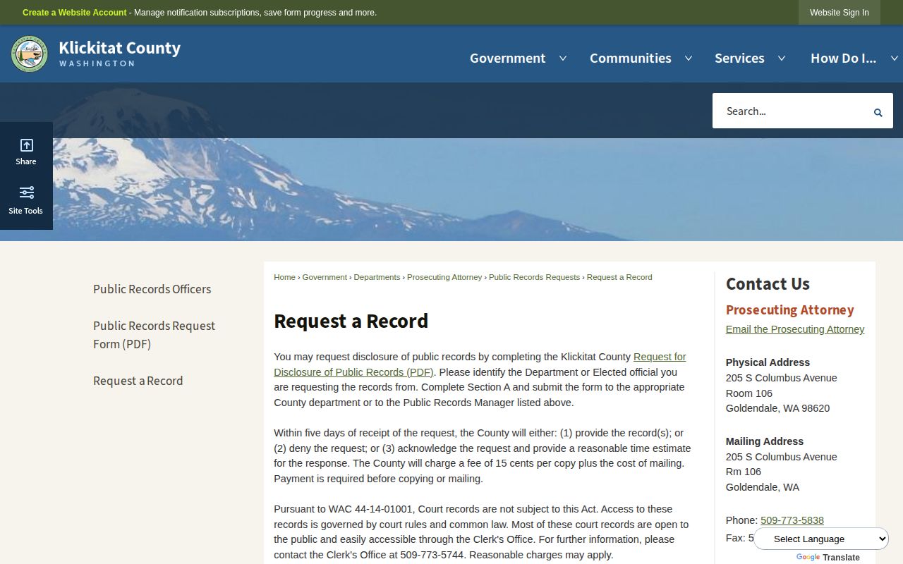 Klickitat County Request a Record webpage