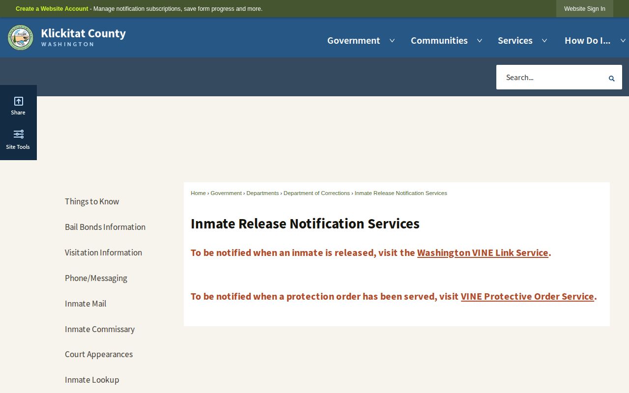 Klickitat County inmate release notification services page
