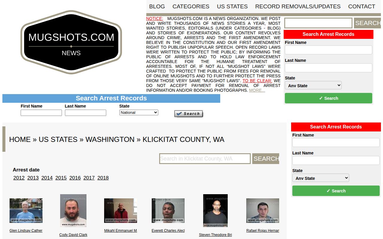 Klickitat County third-party mugshot record context, labeled nonauthoritative